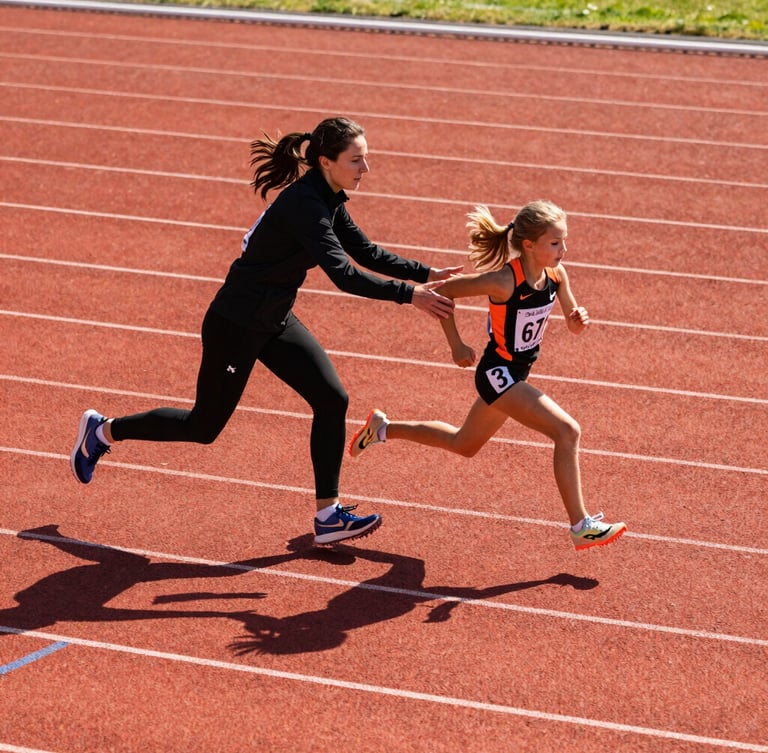 A side-profile shot of a female coach encouraging a young runner on a track, high contrast, bright morning sun, dynamic motion.