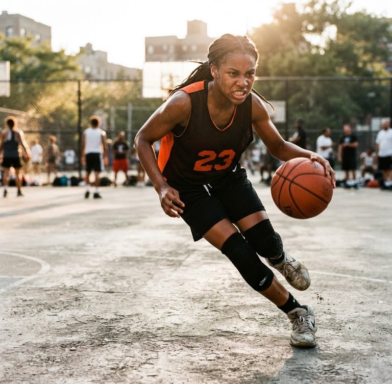 Low-angle dynamic shot of a young basketball player mid-dribble on an outdoor concrete court, dramatic sunlight highlighting determined facial expression, high-contrast athletic photography, 35mm.