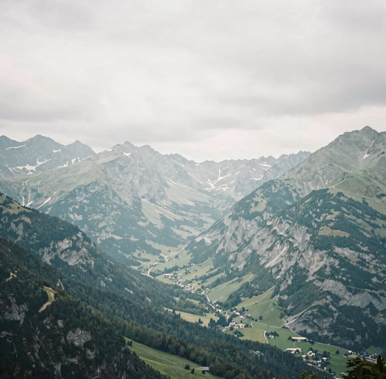 Soft editorial photography of the peaceful Grésivaudan valley mountains under a soft overcast sky, muted sage and slate tones, shallow depth of field, 35mm