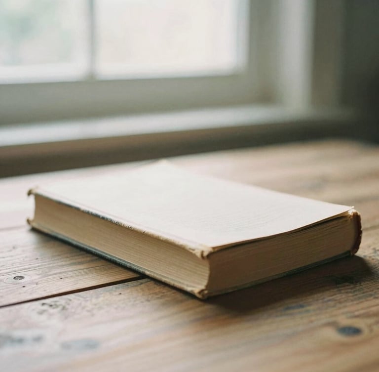 Soft warm editorial photograph of a worn hardcover book resting on a rustic wooden table under soft morning window light, shallow depth of field, 35mm film grain.