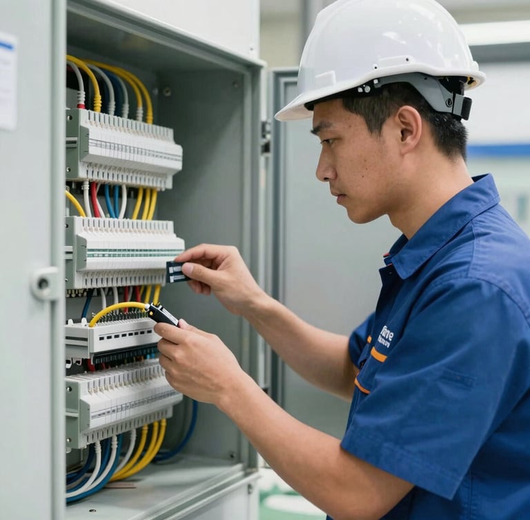 Medium-close action shot of a site-certified engineer in a clean branded uniform inspecting a newly routed electrical DB panel, bright natural daylight, technical precision.