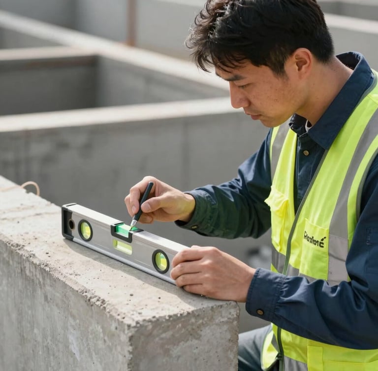 Close-up of a professional technician in a clean branded safety vest inspecting a concrete foundation with a digital level, bright natural daylight
