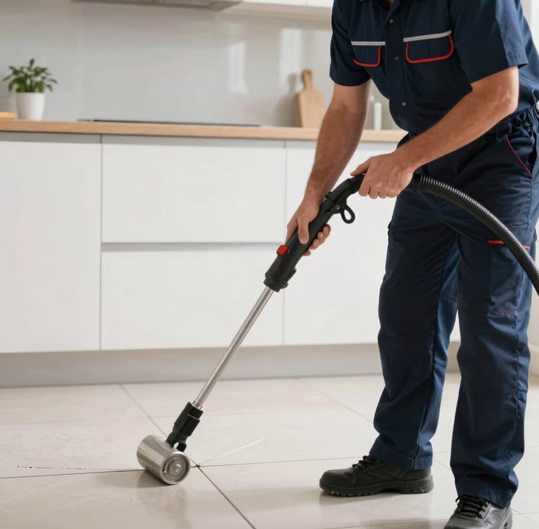 Medium-close action shot of a professional technician in a clean, branded navy uniform using a high-pressure steam cleaner on kitchen tile joints, bright natural daylight, precise focus.