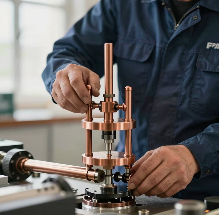 Close-up of a professional technician in a dark blue uniform using a copper pipe press tool on a clean manifold system, bright natural daylight, high-precision alignment.