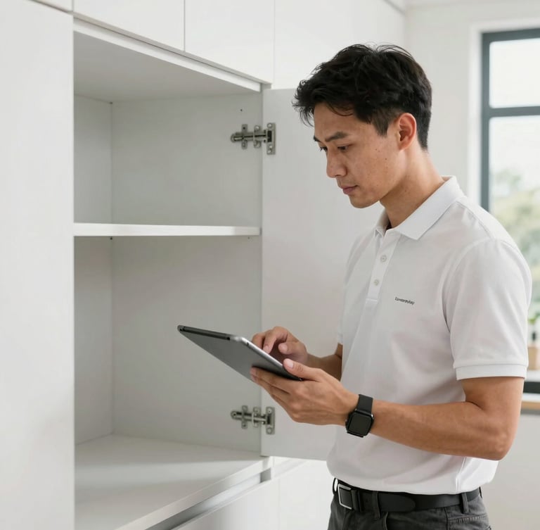 A technical site supervisor in a clean branded Conceptality polo holding a digital tablet, inspecting a newly installed modular kitchen cabinet alignment, bright natural light.