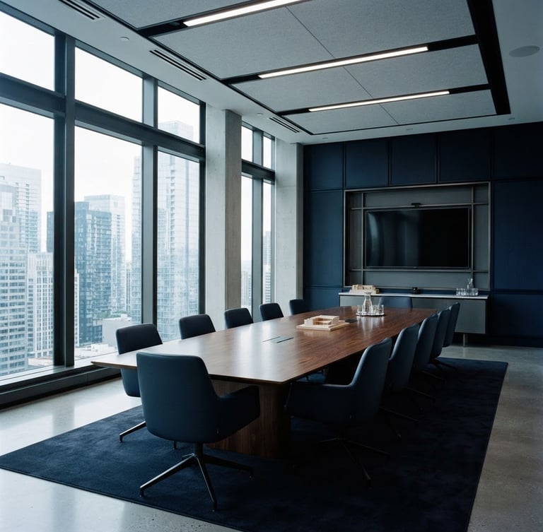 Crisp corporate photography, cool daylight, modern high-end empty boardroom with glass reflections, deep navy tones, architectural lines, 35mm