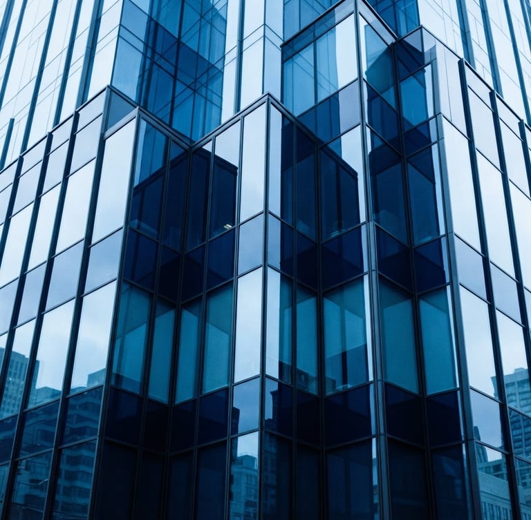 A crisp corporate architectural glass facade reflecting cool daylight, sharp angles, deep navy and electric blue tones, 35mm