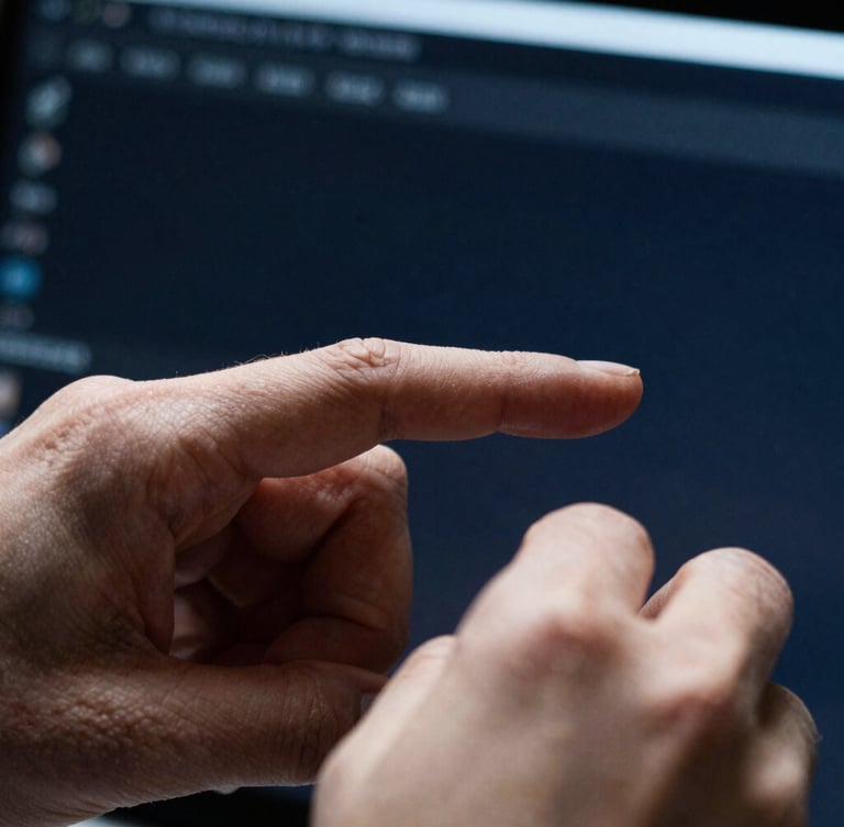 Extreme macro detail of hands interacting with a clean software interface, cool daylight, high-contrast shadows, 35mm