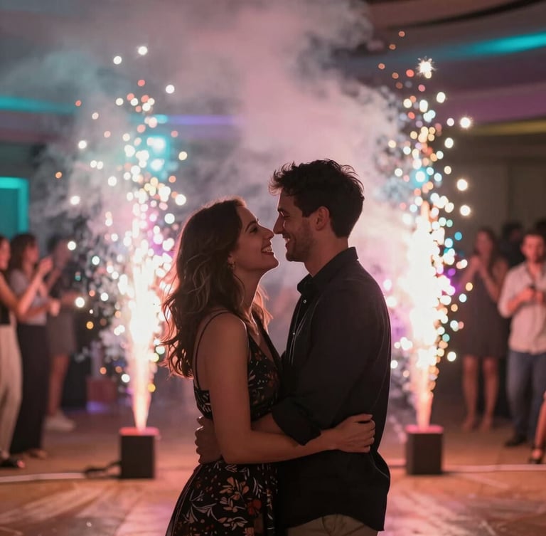 Intimate candid photo of a couple reacting with joy as cold pyrotechnics illuminate the dance floor, warm dramatic event lighting with vibrant pink and deep turquoise ambient glows, shallow depth of field, 35mm editorial style