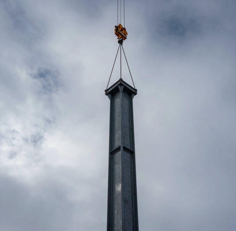 Low-angle shot of a massive structural steel column being hoisted by a crane against a dramatic, overcast Wyoming winter sky.