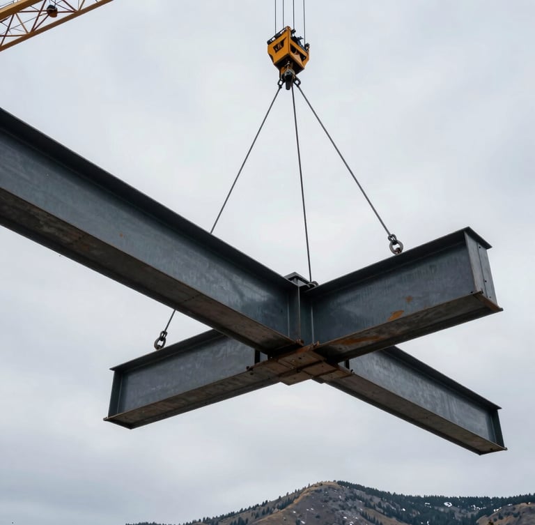 Low-angle shot of massive structural steel beams being hoisted by a crane against a cold, overcast Wyoming mountain sky, raw iron textures.