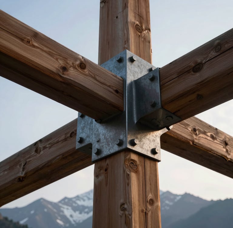 Low-angle shot of a massive heavy-timber and steel structural joint, raw iron bolts visible, set against cold morning mountain light.