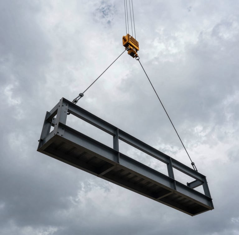 Low-angle shot looking up at a massive structural steel frame being hoisted by a crane under a dramatic, overcast Wyoming sky, raw iron beams, heavy bolts.