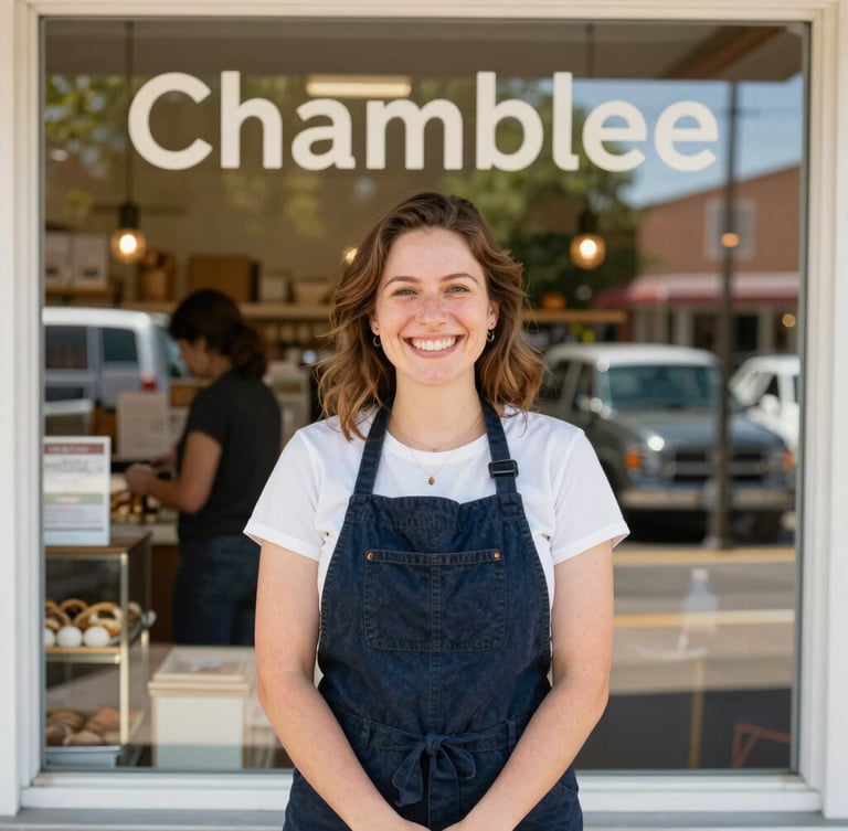Vibrant editorial portrait of a smiling local bakery owner in her Chamblee storefront, warm natural daylight, active community streetscape visible through window, 35mm lens