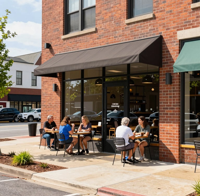 Bright natural daylight, a modern Chamblee streetscape with local business owners chatting outside a brick-front cafe, candid, warm inviting tones.