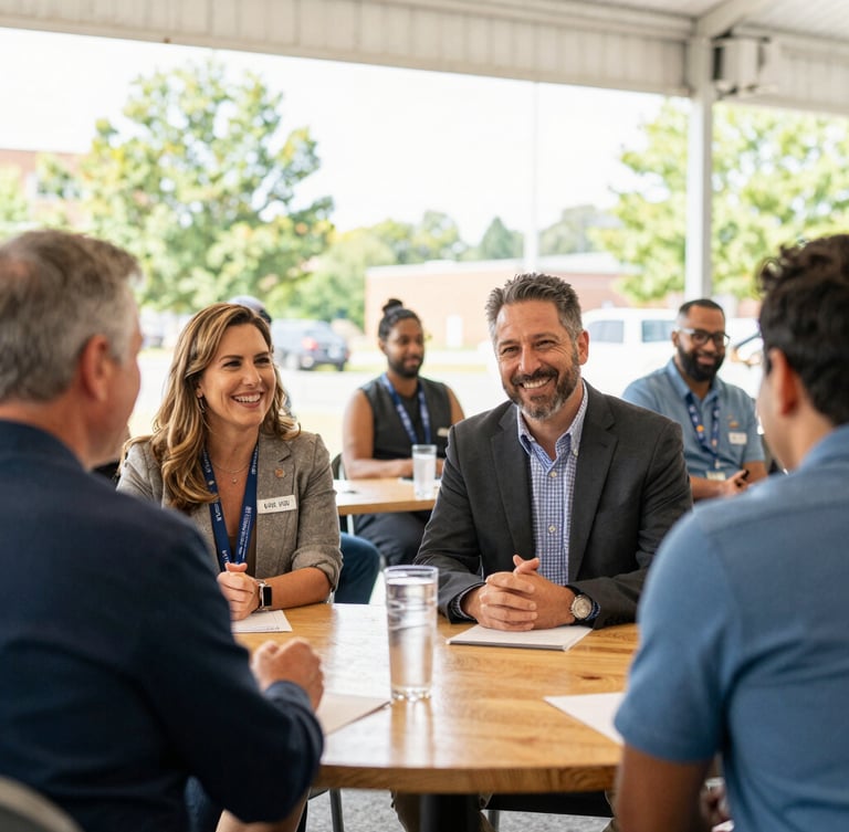 Bright editorial photograph of local Chamblee business leaders talking warmly under daylight at a civic forum, warm inviting tones, 35mm lens.