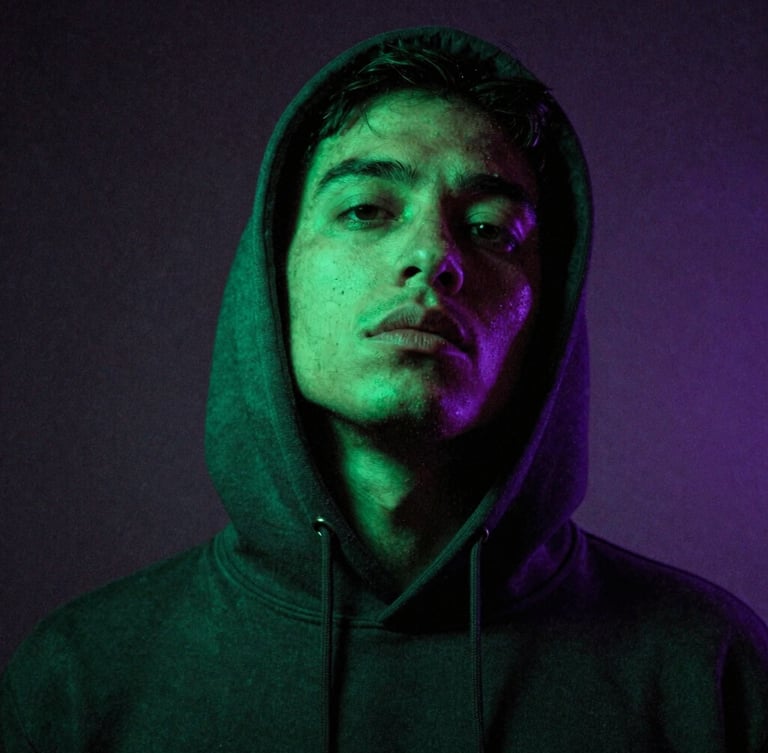 Gritty close-up portrait of SergioMdrz wearing a dark hoodie, low-angle shot, neon green gel light hitting his face, dark shadows, motion blur, 35mm film