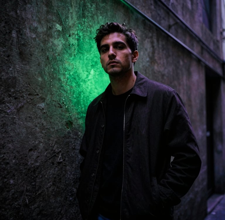 Low-angle gritty street portrait of SergioMdrz in a dark concrete alley, glowing neon green gel backlighting, motion blur, 35mm photography