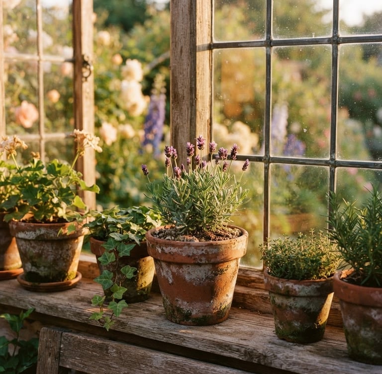 A close-up of a sun-drenched cottage garden window, terracotta pots with natural patina on the sill, soft golden-hour light, shallow depth of field, 35mm film