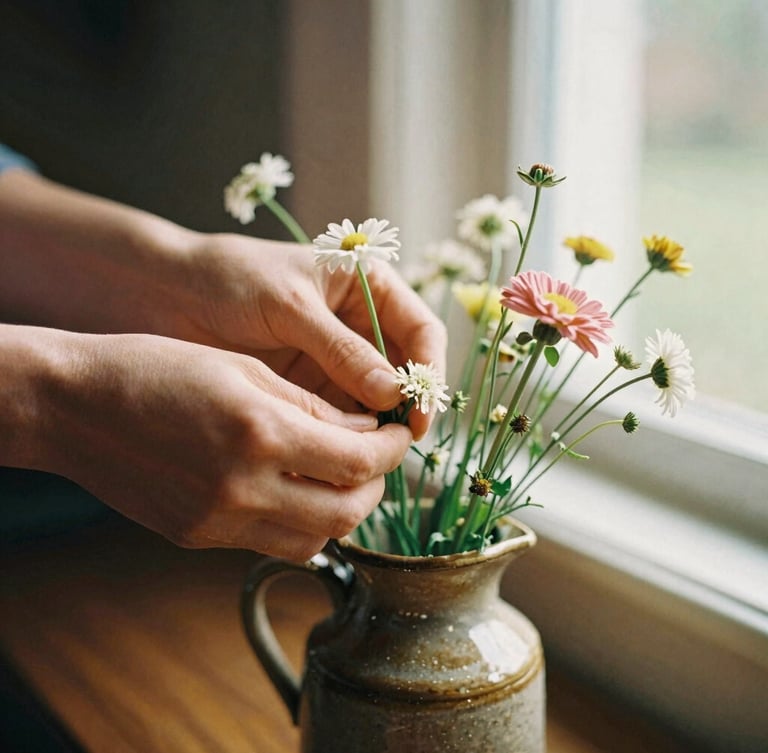 Intimate close-up of hands arranging fresh-cut cottage flowers in a rustic ceramic pitcher, warm window light, shallow depth of field, 35mm film