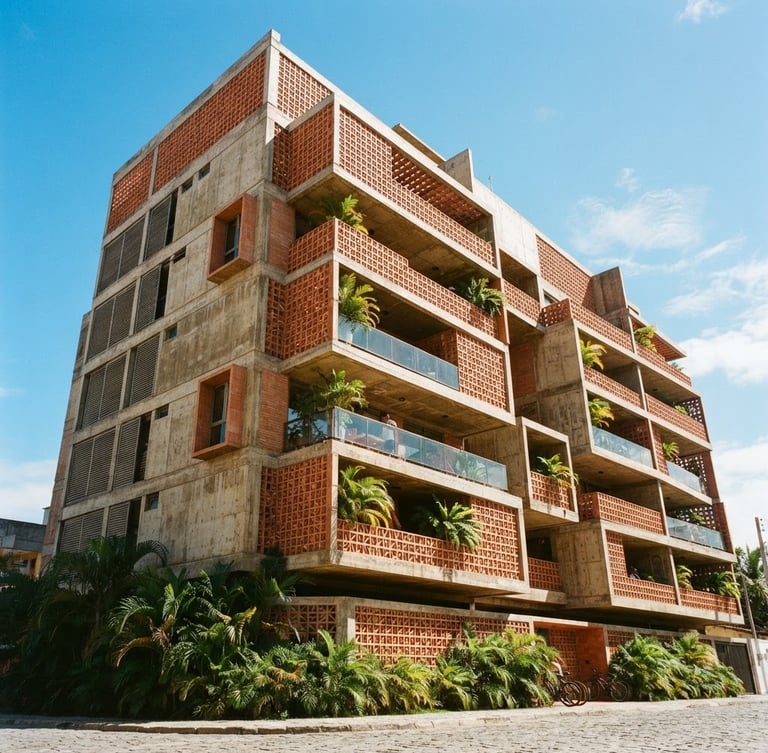Low-angle architectural shot of a modern concrete and terracotta residential building under bright Paraíba sunlight, sharp geometric lines, warm 35mm photography