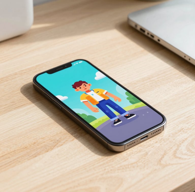 A modern Android phone displaying a vibrant, stylized casual game character, resting on a bright wooden workspace, soft studio shadows.