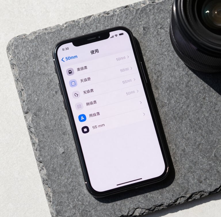 Overhead flat-lay of a modern Android smartphone displaying a clean, high-contrast file manager interface on a slate gray workspace, bright natural daylight, 50mm lens
