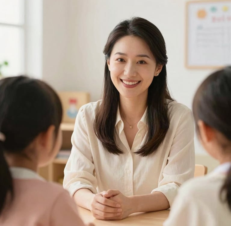 A warm, high-end editorial portrait of a professional female educator in early childhood education, smiling warmly at a child off-camera, soft natural daylight, gentle cream and terracotta tones, shallow depth of field, 35mm.