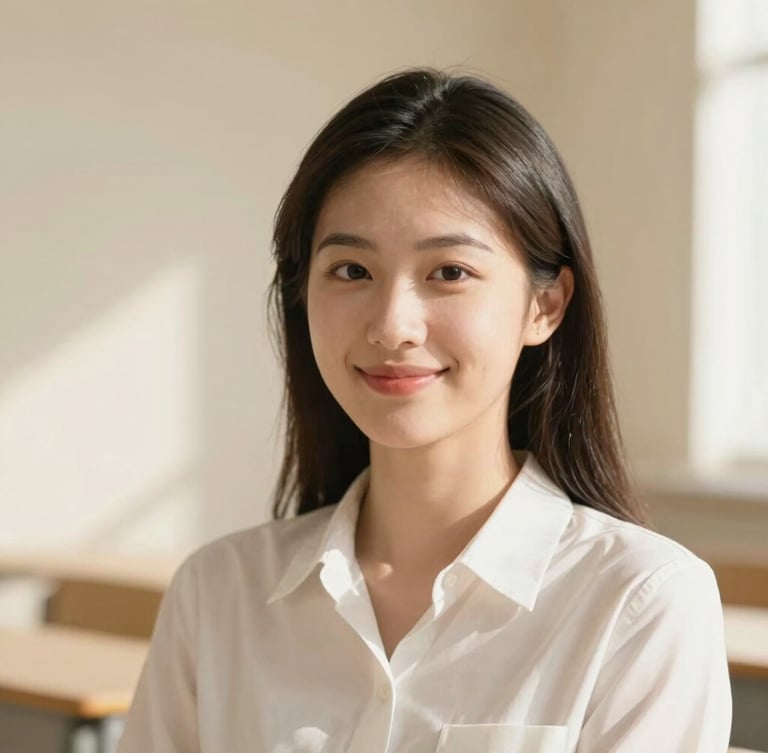 Portrait of a warm, professional young female educator smiling gently, natural morning light, soft cream and sand background, shallow depth of field, 35mm photography