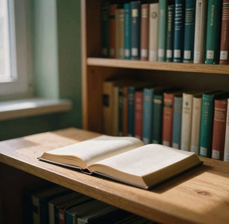 Warm low-key photography of a quiet library room in Bucharest, soft window light casting long shadows on natural wood bookshelves and an open old book, 35mm film style.