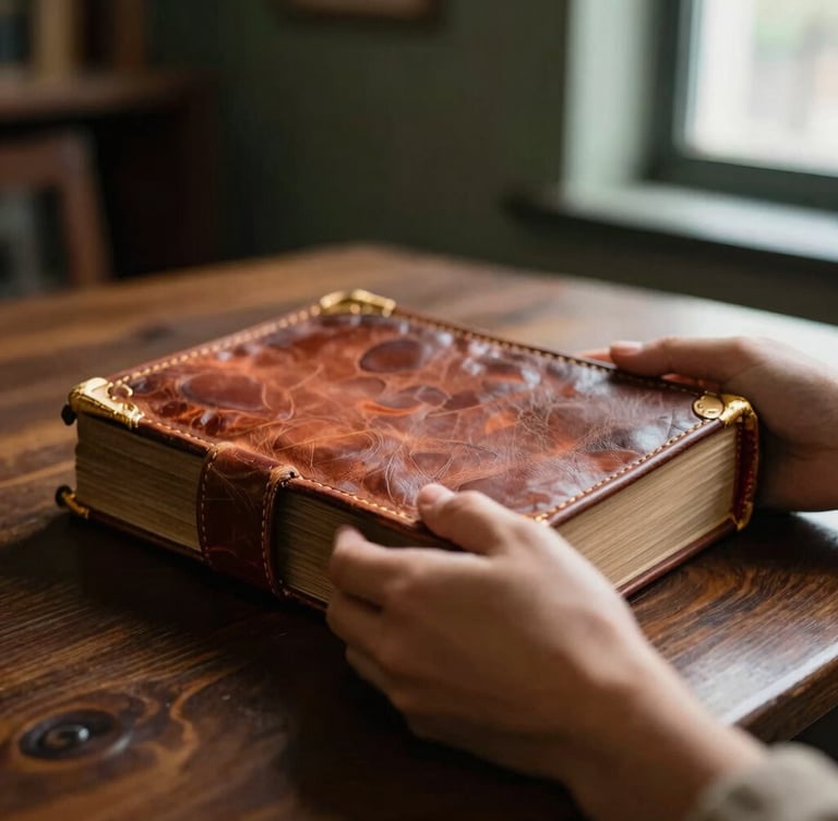 Close-up of hands holding an ancient leather-bound book over a dark wooden table, warm low-key indoor lighting, soft terracotta and gold accents, shallow depth of field