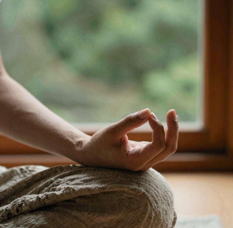 Unposed close-up of hands in a traditional mudra during meditation, warm natural window light, organic linen textures, forest green background, shallow depth of field