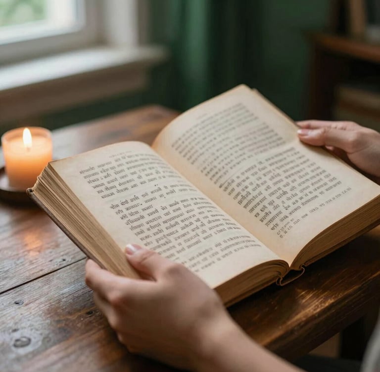 Close-up of hands holding an ancient open book with Sanskrit and Romanian notes, resting on a dark wooden table, warm low-key candle light, organic textures