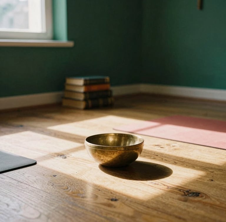 Quiet indoor view of a traditional yoga shala in Bucharest, warm natural window light casting soft shadows on oak floorboards, antique books and a single brass bowl in the background, 35mm film style