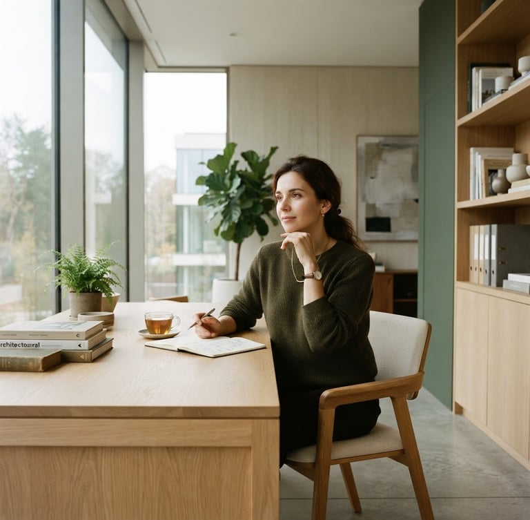 A wide, composed shot of Dr. Elena Rostova, mid-30s, seated thoughtfully at a minimalist desk in a light-filled, architecturally serene office. Soft indirect daylight illuminates the scene, highlighting natural wood textures and subtle forest green accents. She is looking slightly off-camera, conveying intellectual presence and calm, with generous negative space around her to the right.