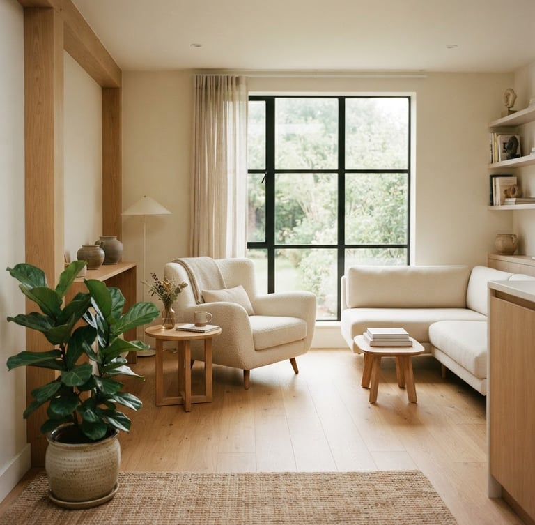 Wide shot of a minimalist, light-filled therapy office with a comfortable armchair, soft green plant in the foreground, and natural wood accents. Indirect daylight through a large window, soft shadows.