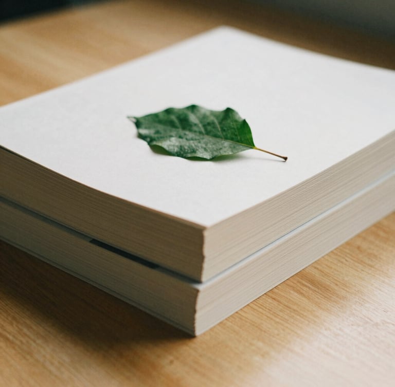 Close-up of a stack of academic journals on a natural wood desk, with a single green leaf resting on the top journal. Soft, indirect light from above, creating gentle shadows.