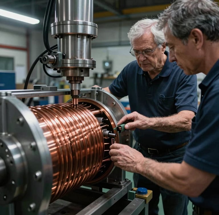 Close-up of a senior engineer guiding an apprentice on a massive copper transformer winding process, dramatic high-contrast workshop lighting, cool steel tones.