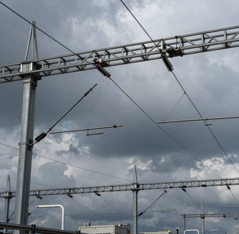 High-voltage railway overhead power line equipment, dramatic overcast sky, industrial steel gantries, sharp focus, 35mm lens.