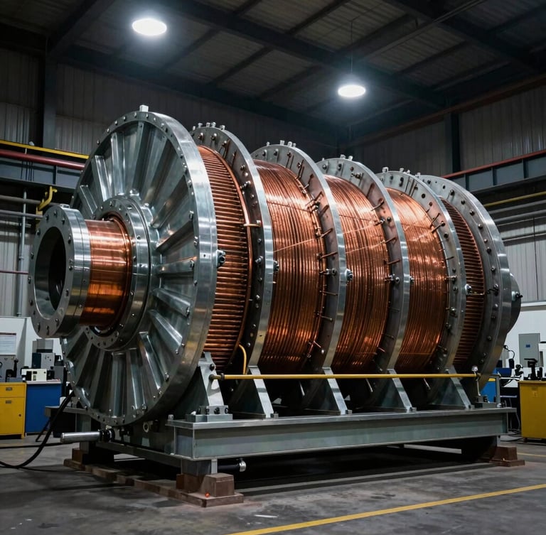 Dramatic high-contrast industrial workshop lighting, wide environmental shot of a massive high-voltage transformer core winding, copper and steel, 35mm lens
