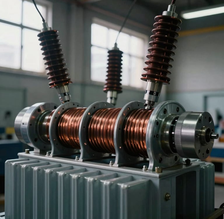 Close-up of high-voltage transformer copper winding, sharp focus on technical components, dramatic workshop light filtering through high windows, cool steel tones, 35mm lens