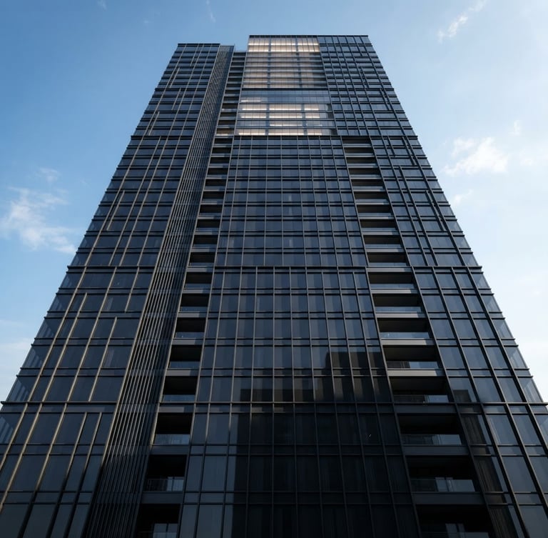 Sleek modern high-rise building facade, minimalist dark glass and steel, crisp high-contrast daylight, dramatic clean shadows, wide-angle structural shot, architectural render style