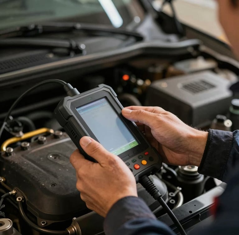 Close-up of a mechanic's hands using a modern diagnostic scanner inside a car engine bay, sharp focus, amber workshop lighting