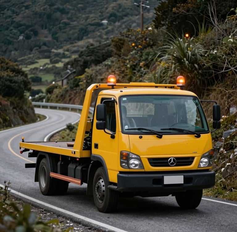 Yellow flatbed tow truck with active amber warning beacons parked on a winding mountain road in Venda Nova do Imigrante, dramatic natural light, sharp details, 35mm lens