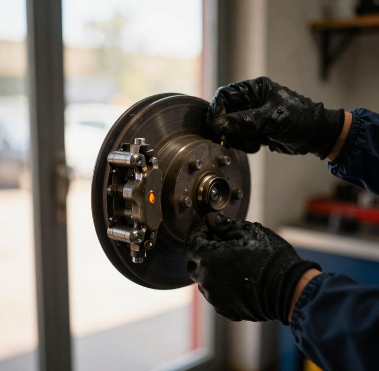 Mechanic hands in black gloves carefully adjusting a brake caliper, dramatic natural light coming from the workshop door, sharp details, rich contrast