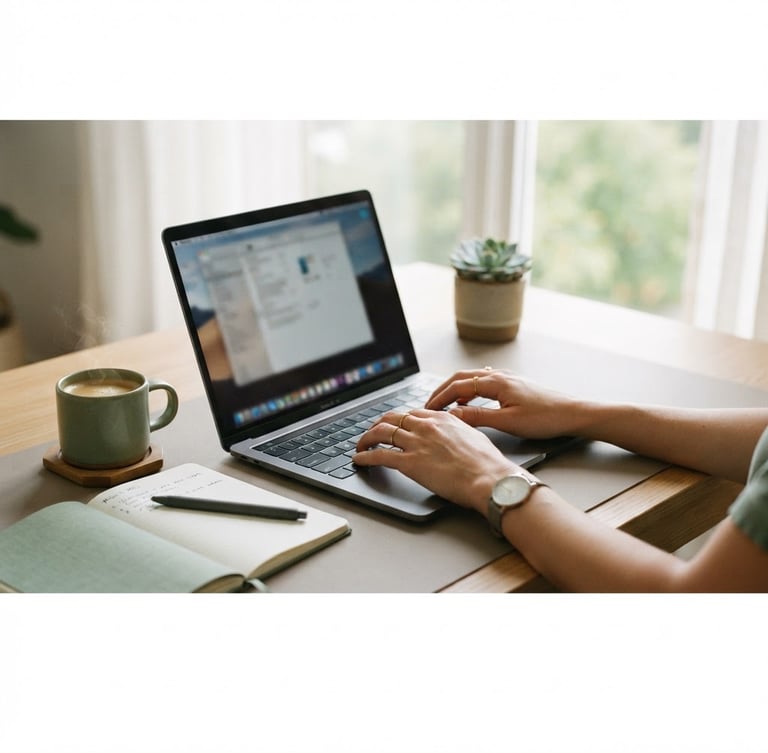 Close-up of hands typing on a laptop keyboard on a minimalist desk, surrounded by a notebook, pen, and a cup of coffee, soft natural window light, muted green and warm gray tones, left third of the frame, wide panoramic view.