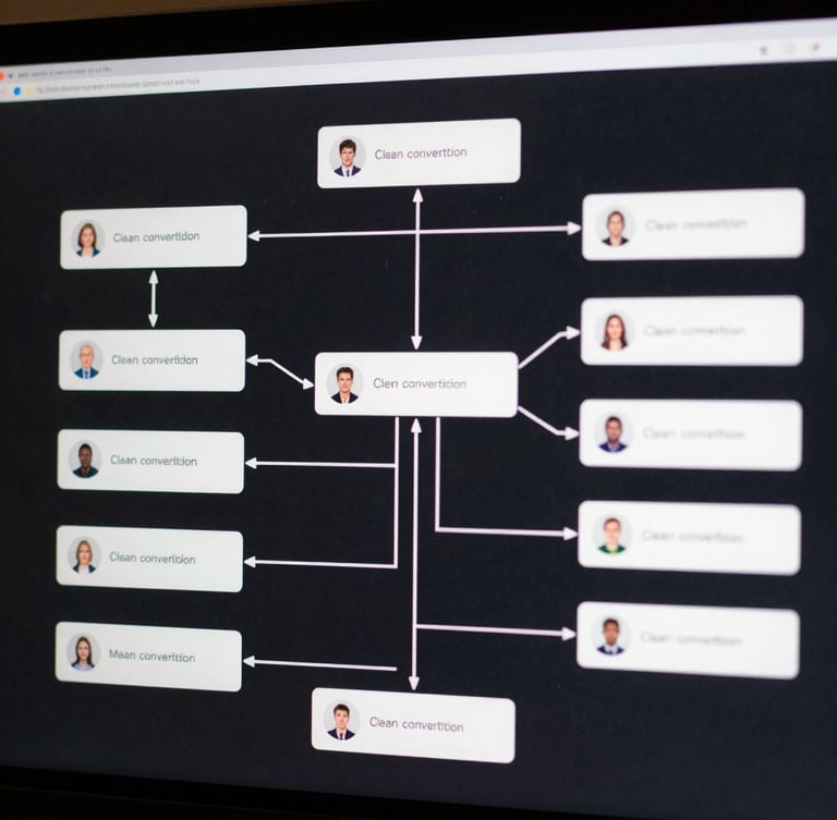 Clean node-based conversational flow diagram on a dark screen, sharp cool-white lines mapping out user response paths, minimal system interface.