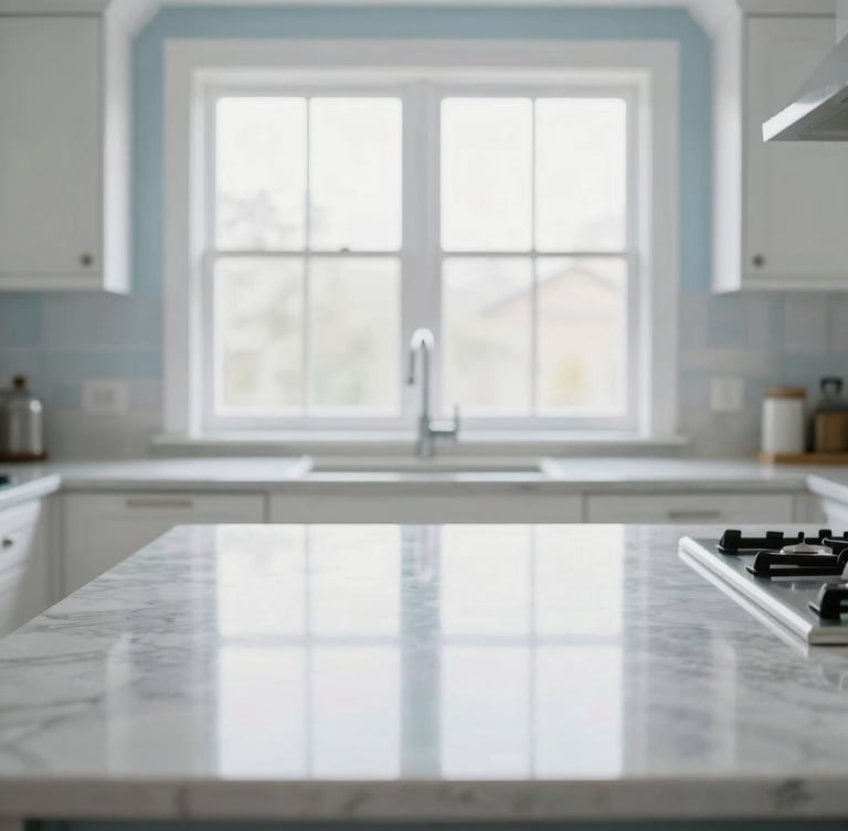 Straight-on medium shot of a bright modern kitchen with gleaming marble countertops reflecting soft morning window daylight, crisp clean lines, white and soft blue tones, 35mm lens.