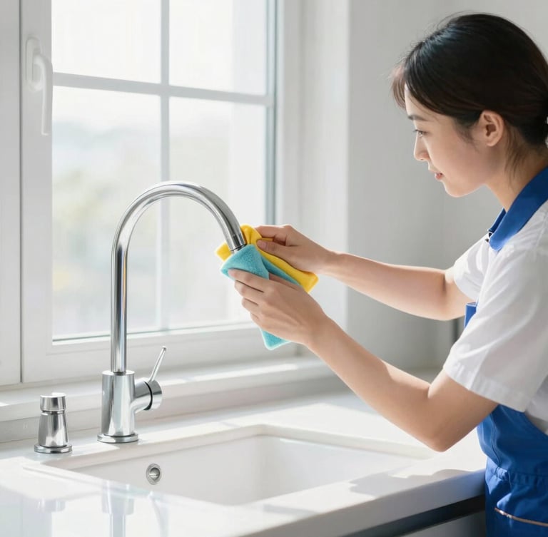Bright clean photography of a professional cleaning specialist in uniform carefully wiping down a modern kitchen faucet. Soft morning window light, crisp reflections, white and soft blue tones, 35mm lens.