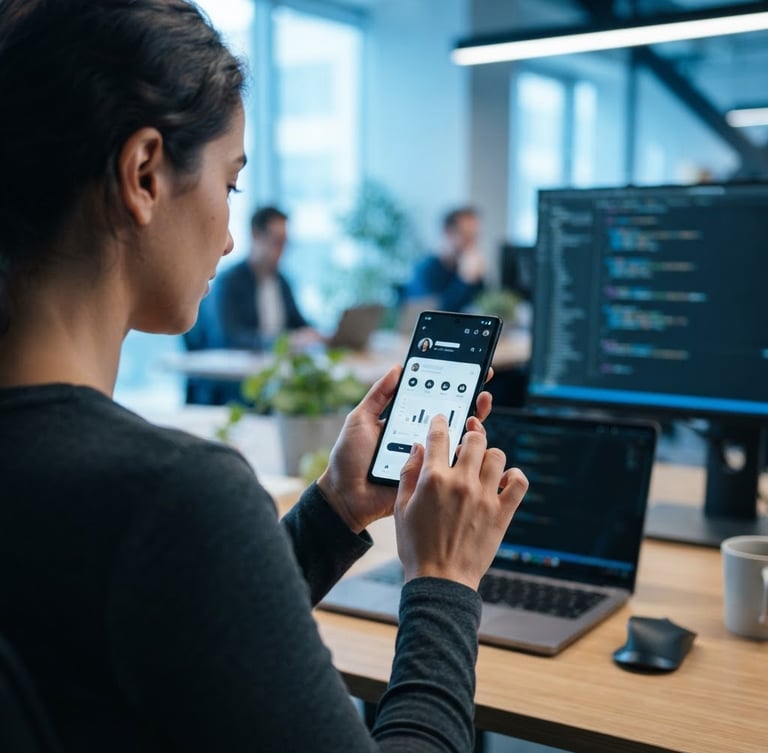 Over-the-shoulder view of a developer testing a clean mobile app interface on an Android phone, crisp studio lighting, cool blue undertones, shallow depth of field
